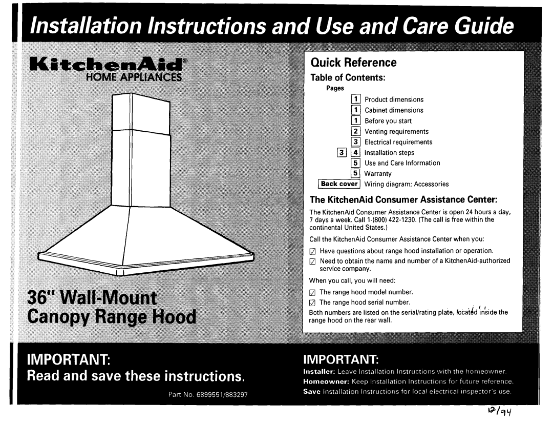 KitchenAid 883297, 6899551 dimensions KitchenAid Consumer Assistance Center 