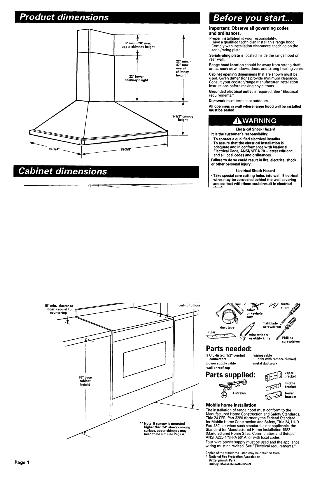 KitchenAid 6899551 Tools needed, Parts, Important Observe all governing codes and ordinances, Mobile home installation 