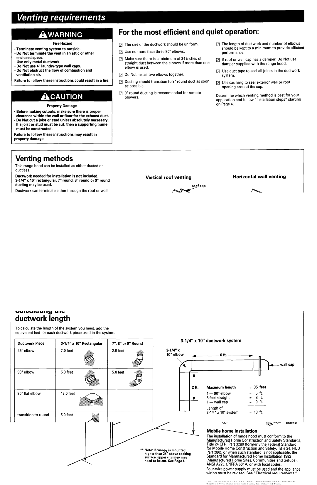 KitchenAid 883297, 6899551 For the most efficient and quiet operation, Venting methods, Calculating the ductwork length 