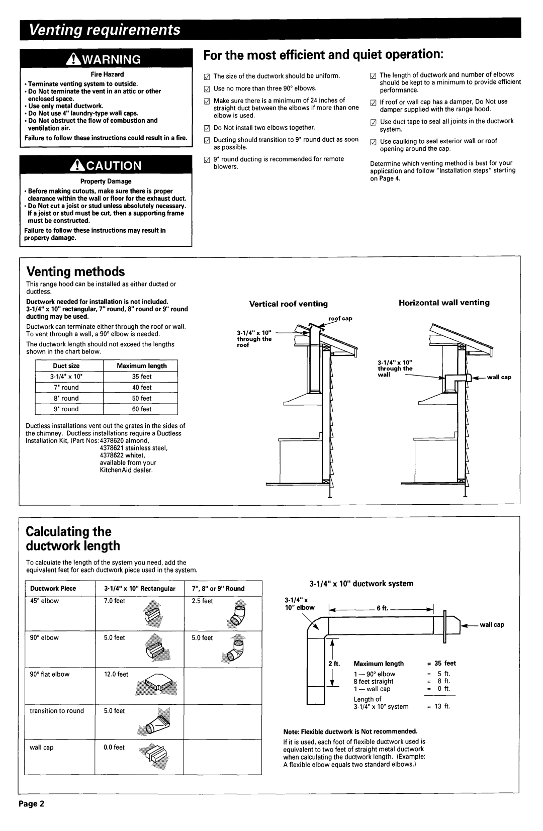 KitchenAid 883297 For the most efficient and quiet operation, Venting methods, Calculating the ductwork length, Horizontal 