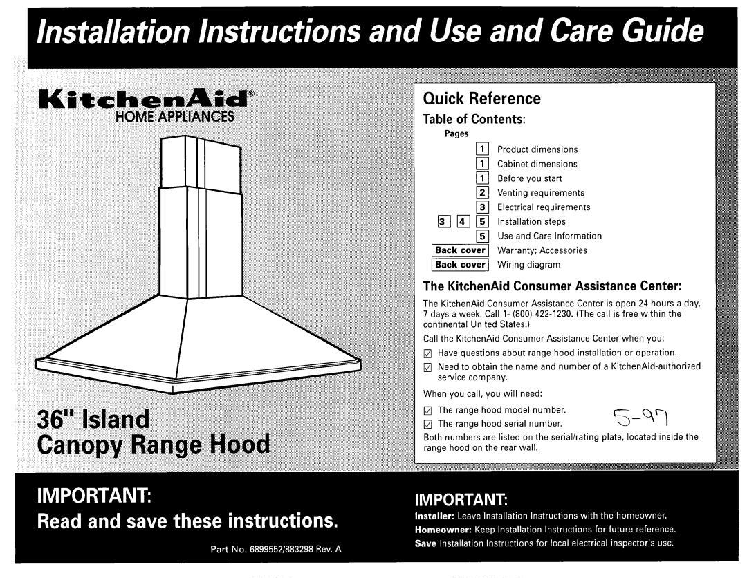 KitchenAid 883298, 6899552 dimensions Quick Reference, Table of Contents 