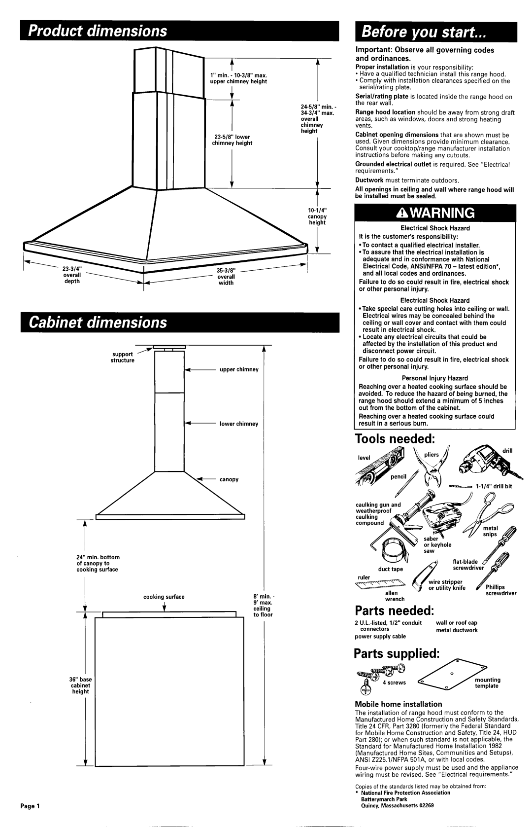 KitchenAid 6899552, 883298 dimensions Tools needed, Parts needed, Important Observe all governing codes and ordinances 