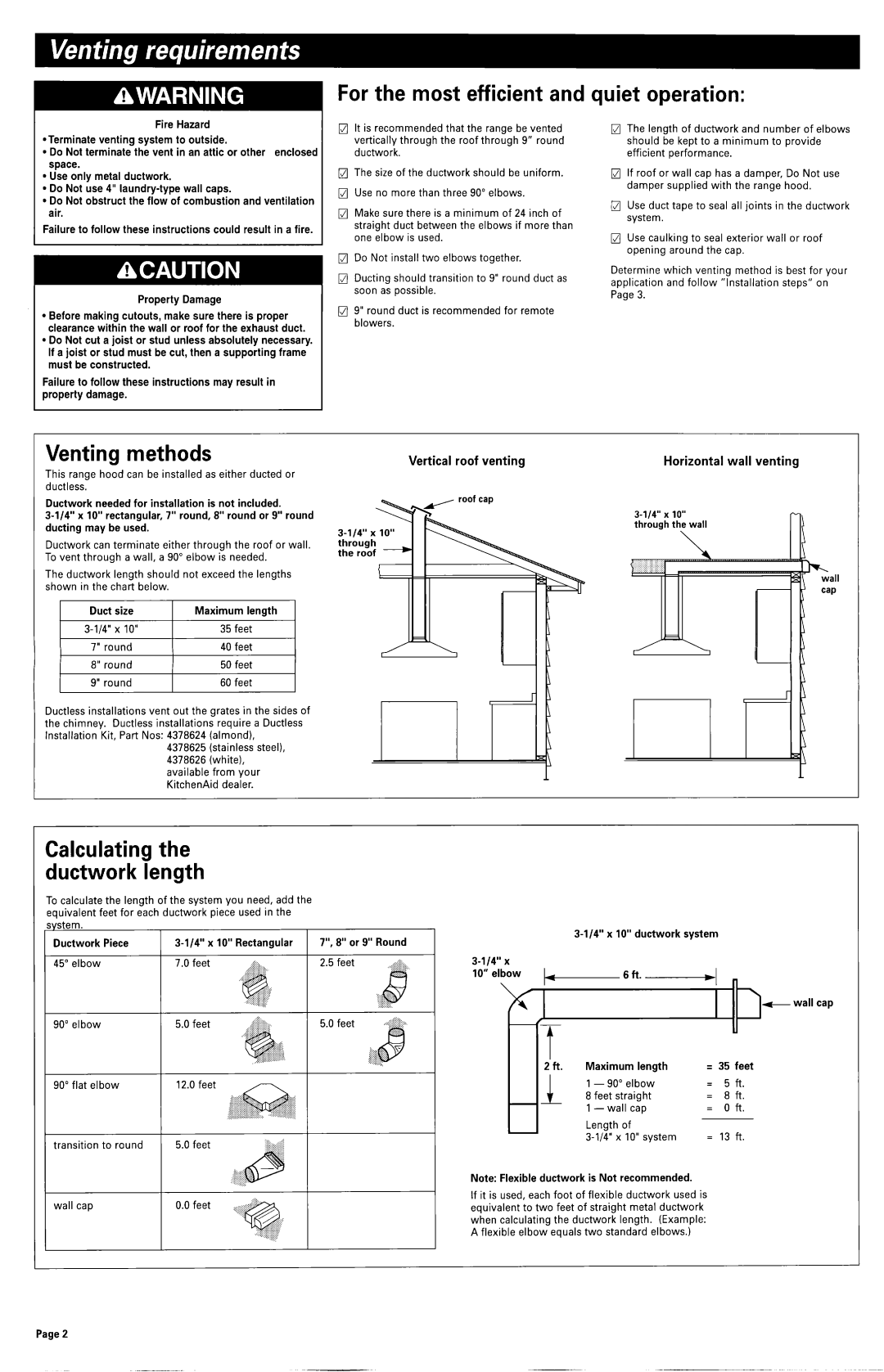 KitchenAid 883298 For the most efficient and quiet operation, Venting methods, Calculating the ductwork length, ~,..,&~ 