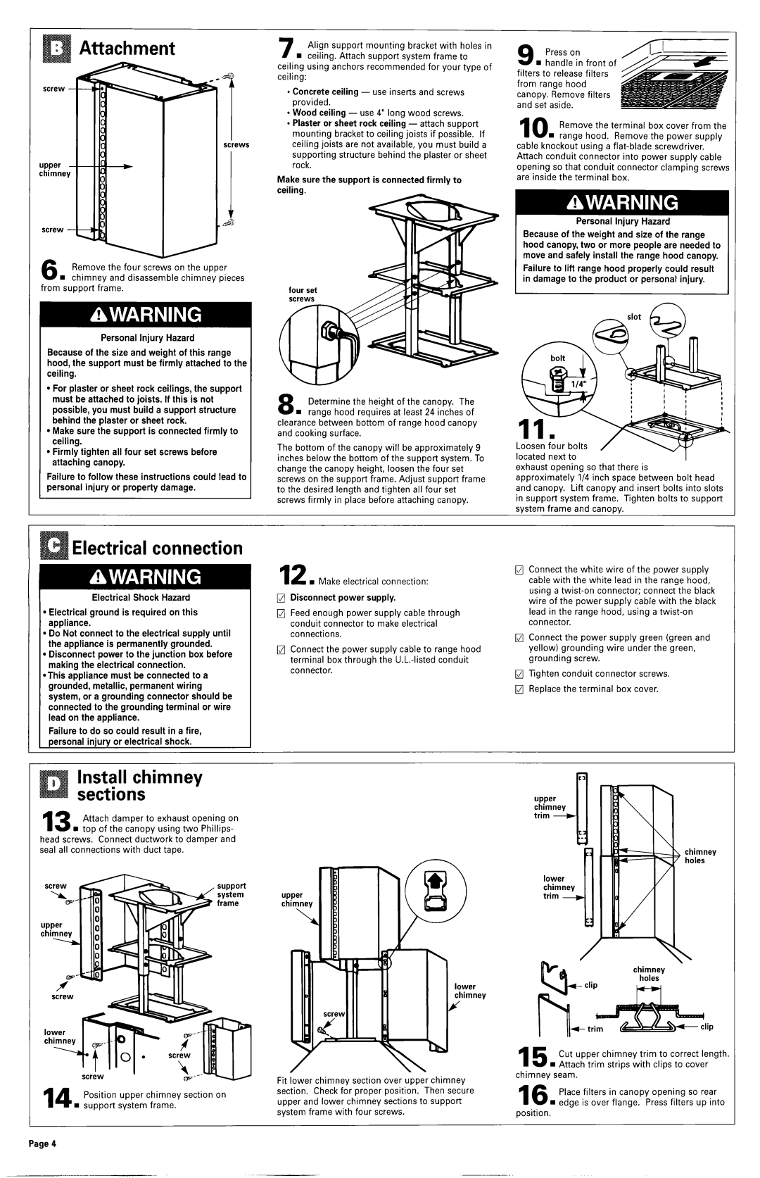 KitchenAid 883298, 6899552 dimensions Electrical connection, Install chimney sections 