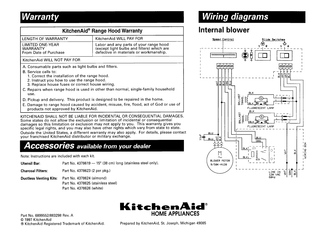 KitchenAid 883298, 6899552 dimensions Internal blower, KitchenAid@ Range Hood Warranty, Homeappliances 