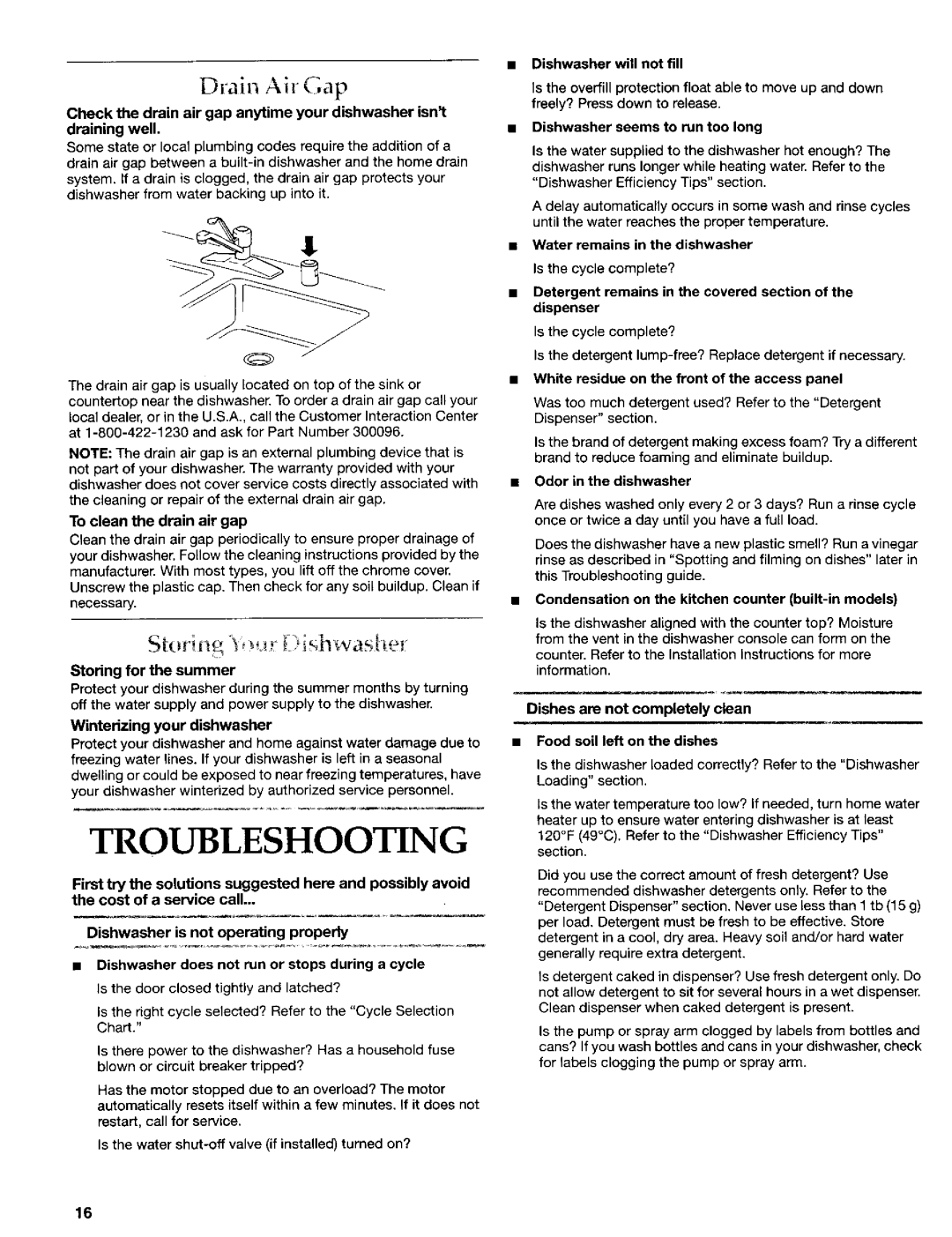 KitchenAid 8269909 manual Troubleshooting, Drain Air Cap, Dishes are not completely clean 