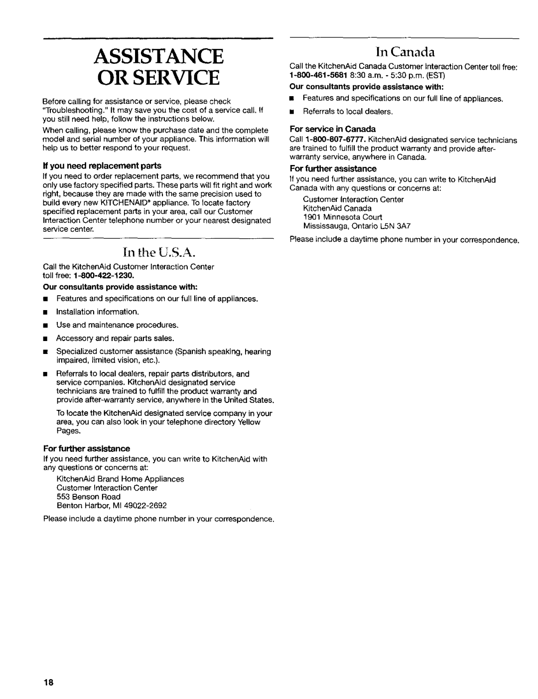 KitchenAid 8269909 U.S.A, Benson Road Benton Harbor, MI, Our consultants provide assistance with, For service in Canada 