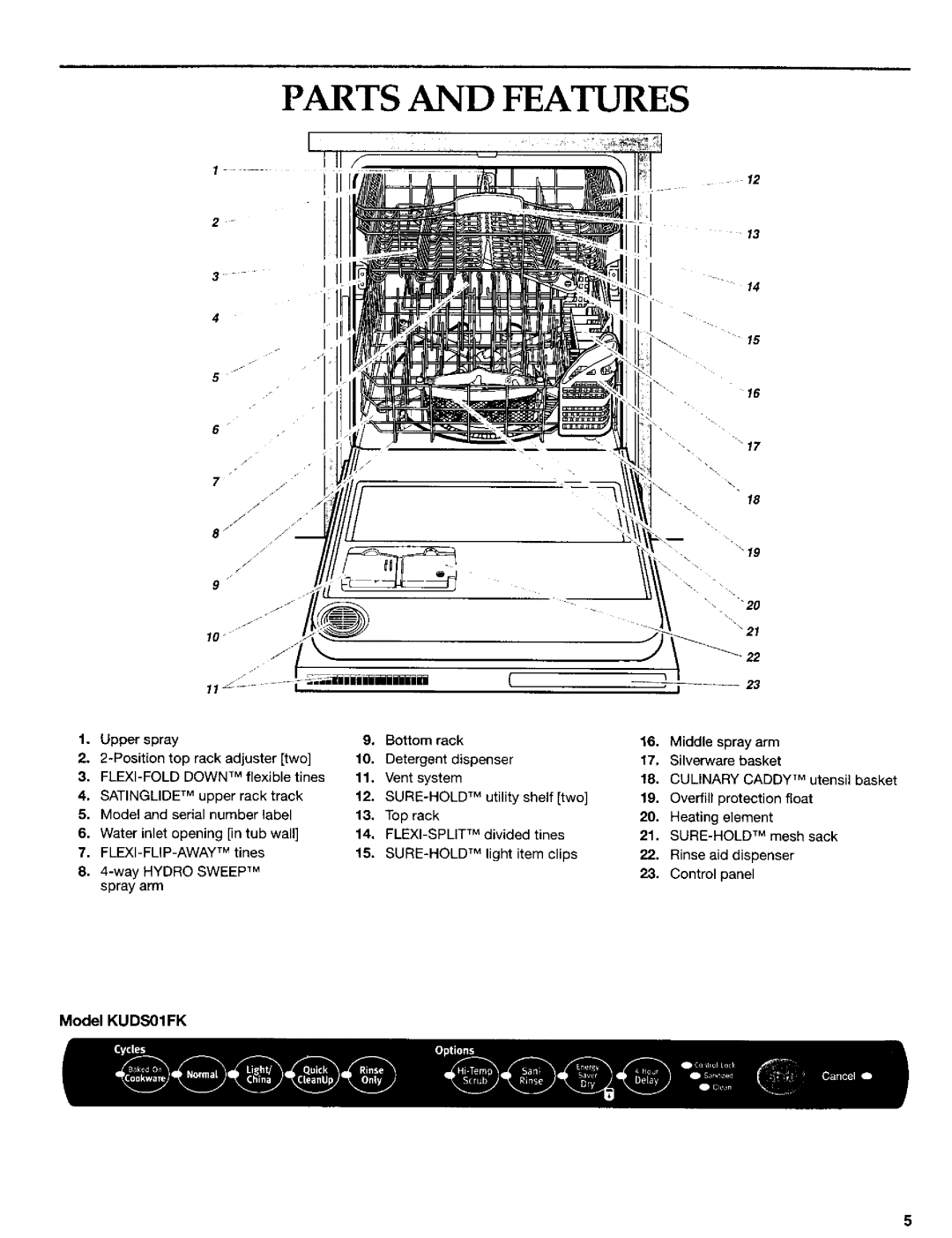 KitchenAid 8269909 manual Parts and Features, Model Kudsoifk, Bottom rack 