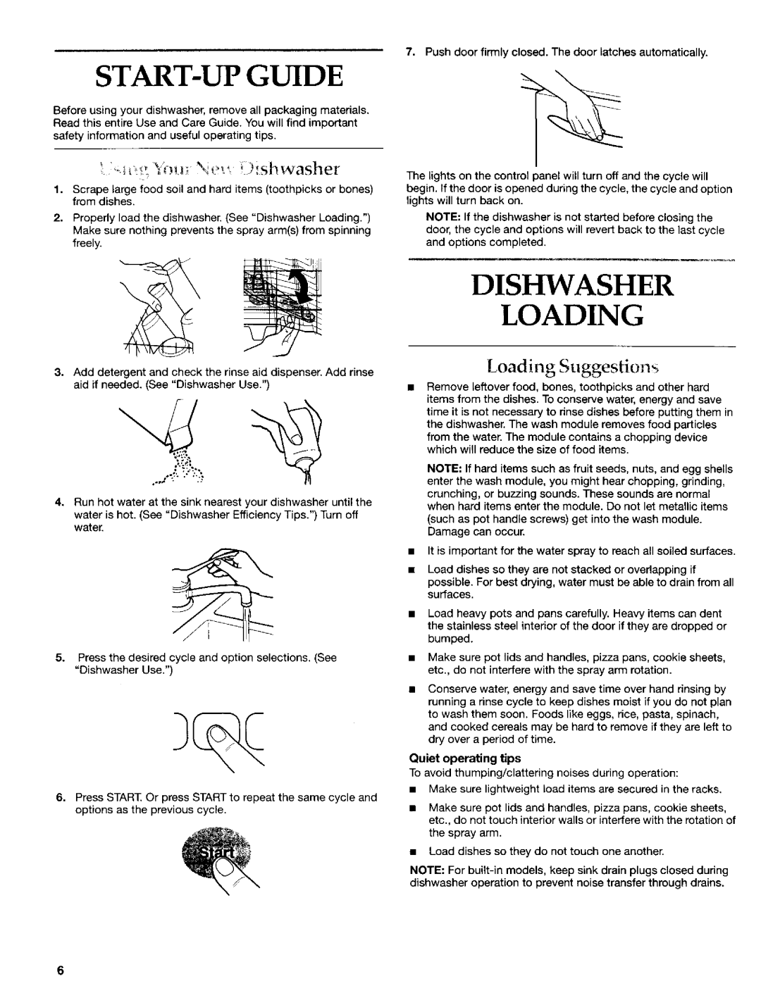 KitchenAid 8269909 manual START-UP Guide, Dishwasher Loading, Loading Suggestions, Quiet operating tips 