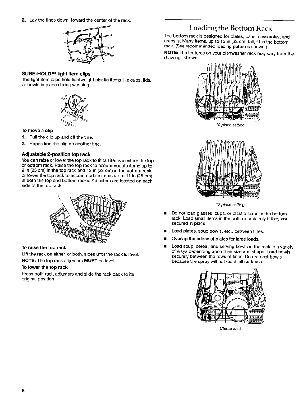 KitchenAid 8269909 SURE-HOLD TM light item clips, To move a clip, Adjustable 2-position top rack, To raise the top rack 