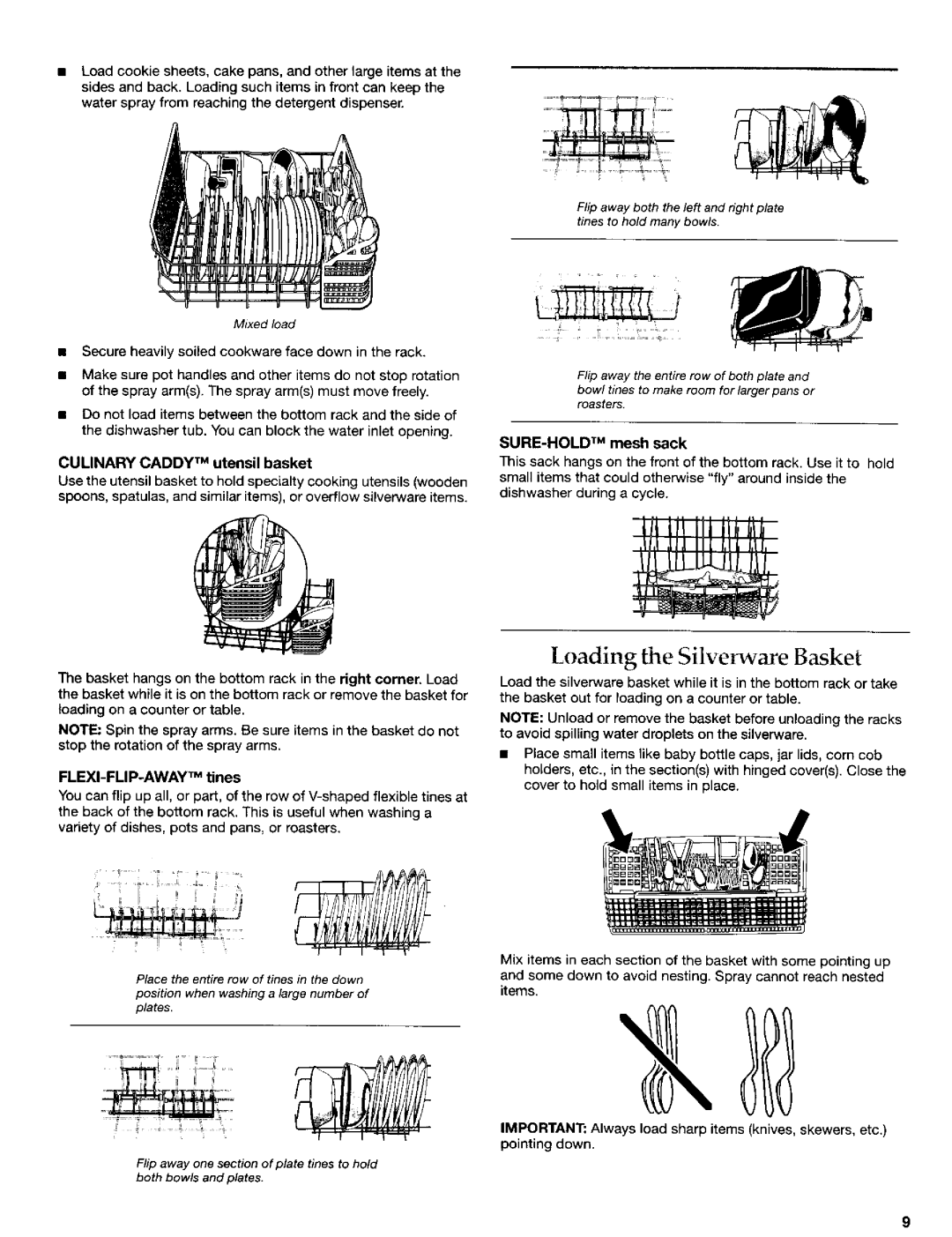 KitchenAid 8269909 manual Loading the Silverware Basket, Culinary Caddy TM utensil basket, SURE-HOLD TM mesh sack 