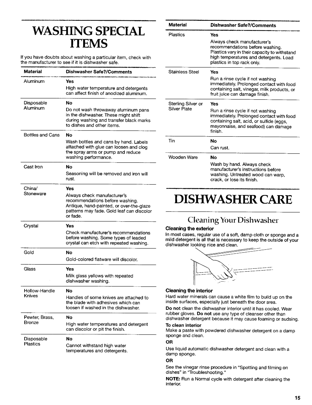 KitchenAid 8269909 manual Washing Special Items, Dishwasher Care, Cleaning Your Dishwasher 
