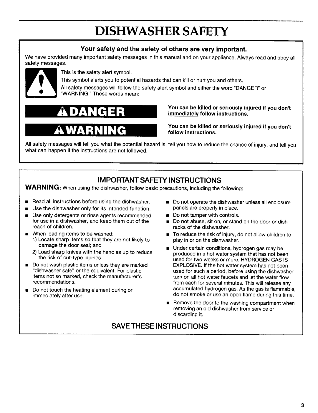 KitchenAid 8269909 manual Dishwasher Safety, Important Safety Instructions, Save These Instructions 