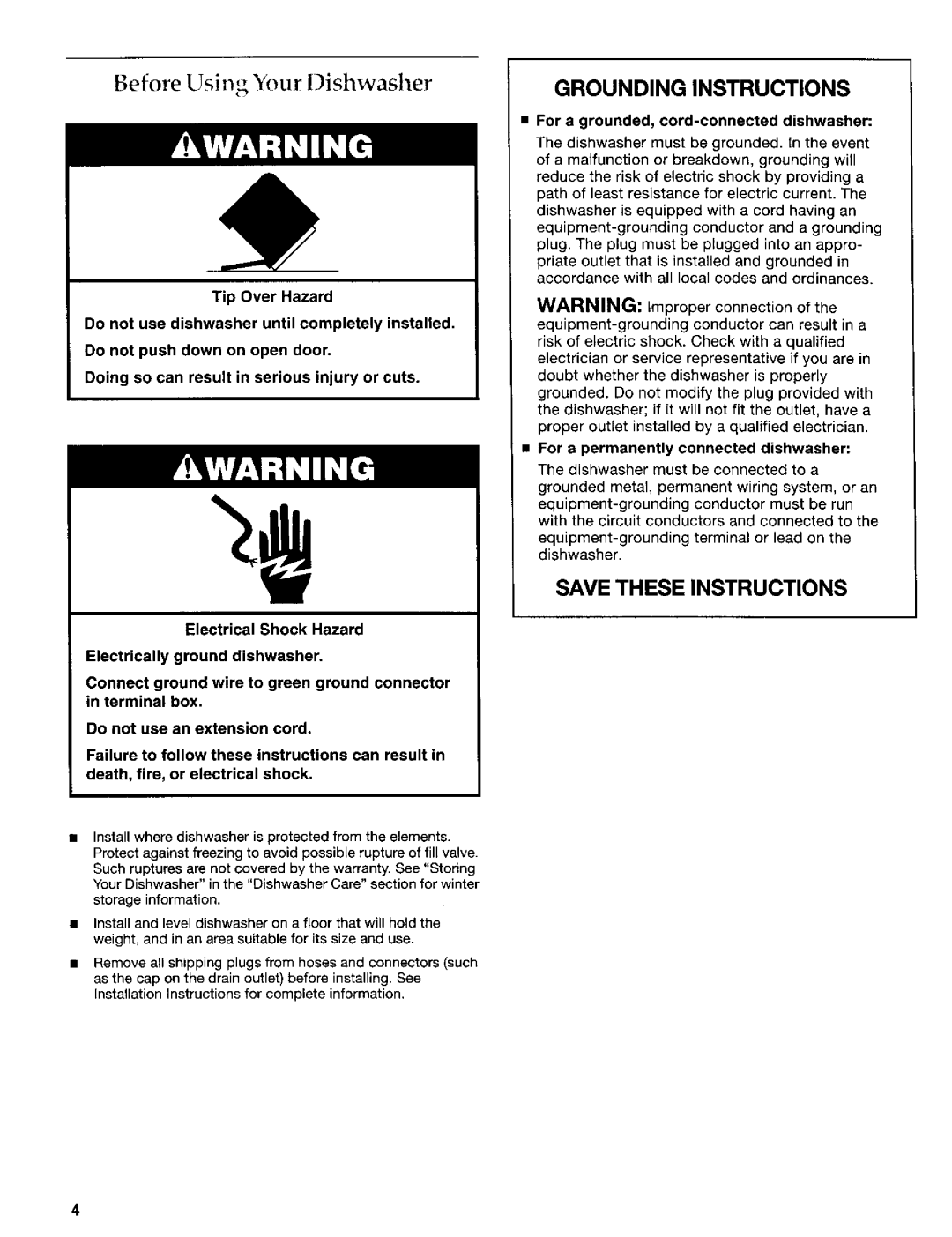KitchenAid 8269909 manual Before Ushlg Your lishwasher, Grounding Instructions, Save These Instructions, Tip Over Hazard 