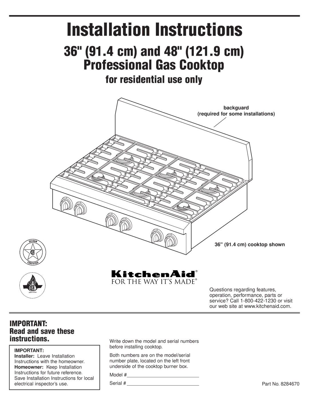 KitchenAid 8284670 installation instructions Installation Instructions 