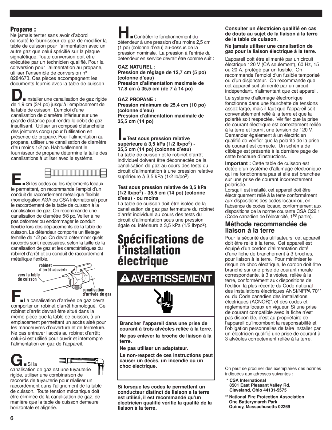 KitchenAid 8284670 Spécifications de l’installation électrique, Propane, Méthode recommandée de liaison à la terre 