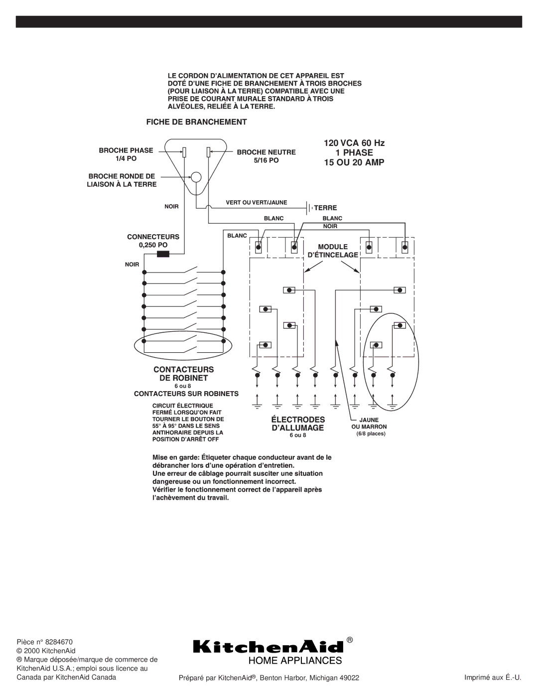 KitchenAid 8284670 installation instructions VCA 60 Hz, 15 OU 20 AMP 