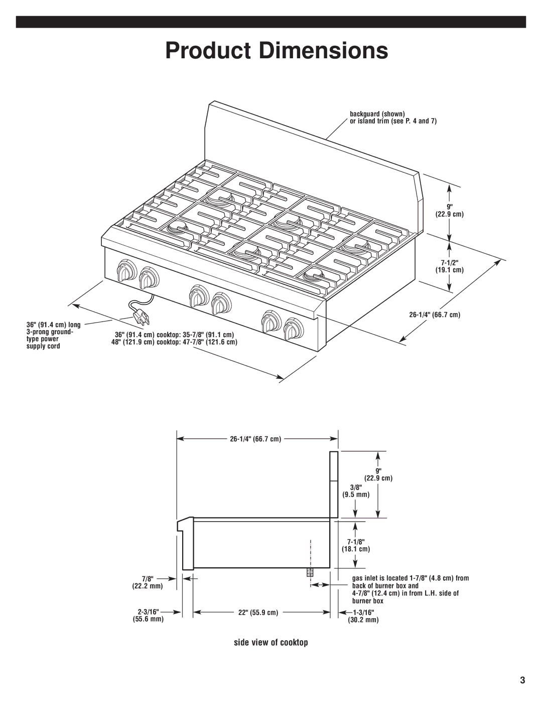 KitchenAid 8284670 Product Dimensions, Side view of cooktop, 26-1/4 66.7 cm 22.9 cm 22.2 mm 55.6 mm 22 55.9 cm 