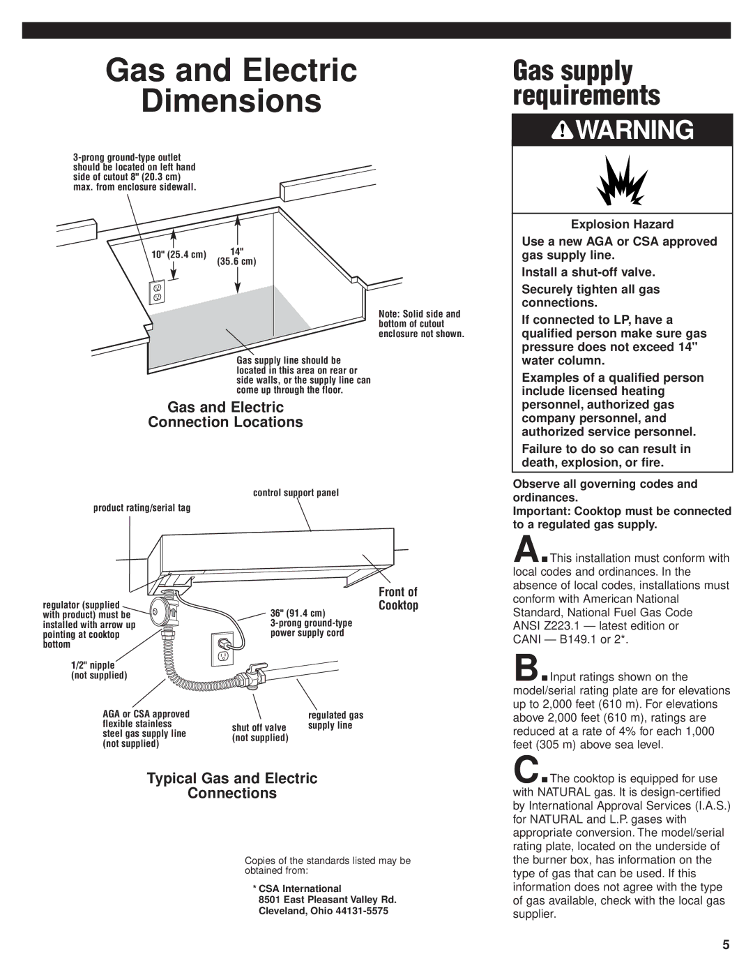 KitchenAid 8284670 Gas and Electric Dimensions, Gas supply requirements, Gas and Electric Connection Locations 