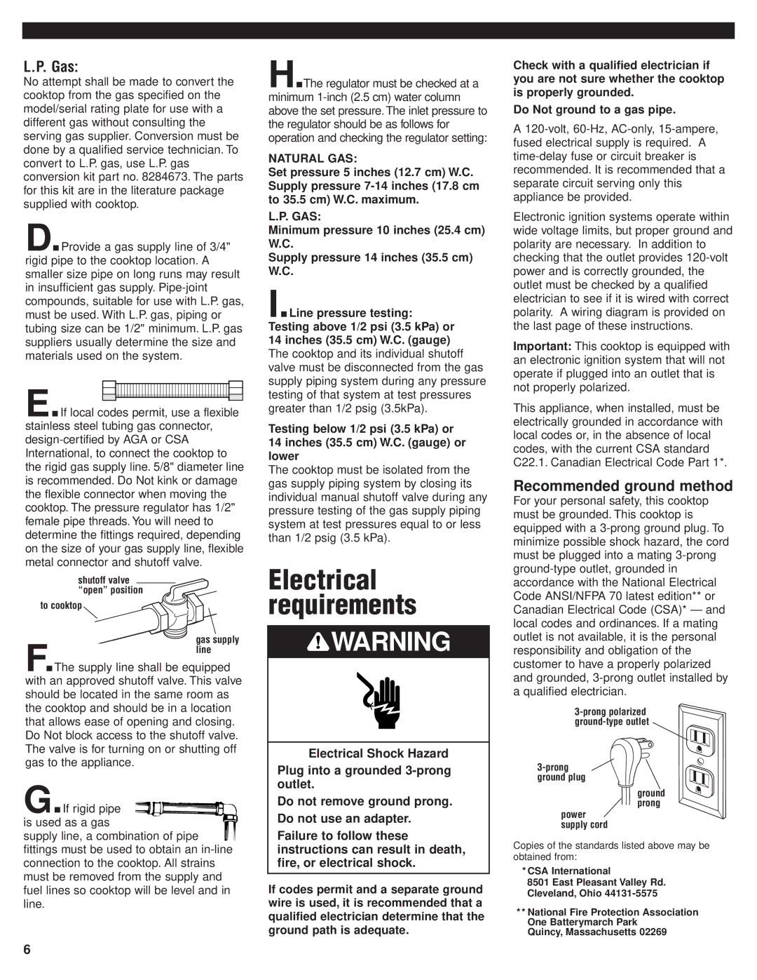 KitchenAid 8284670 installation instructions Electrical requirements, Gas, Recommended ground method, To cooktop 