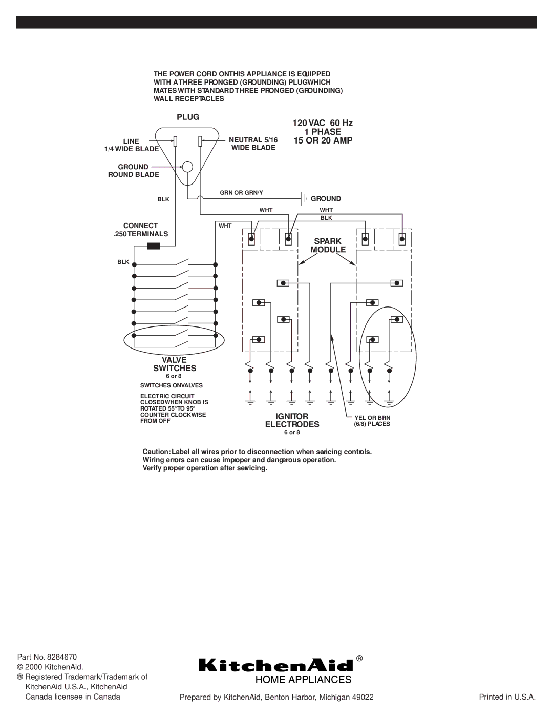 KitchenAid 8284670 installation instructions VAC 60 Hz, Valve Switches 