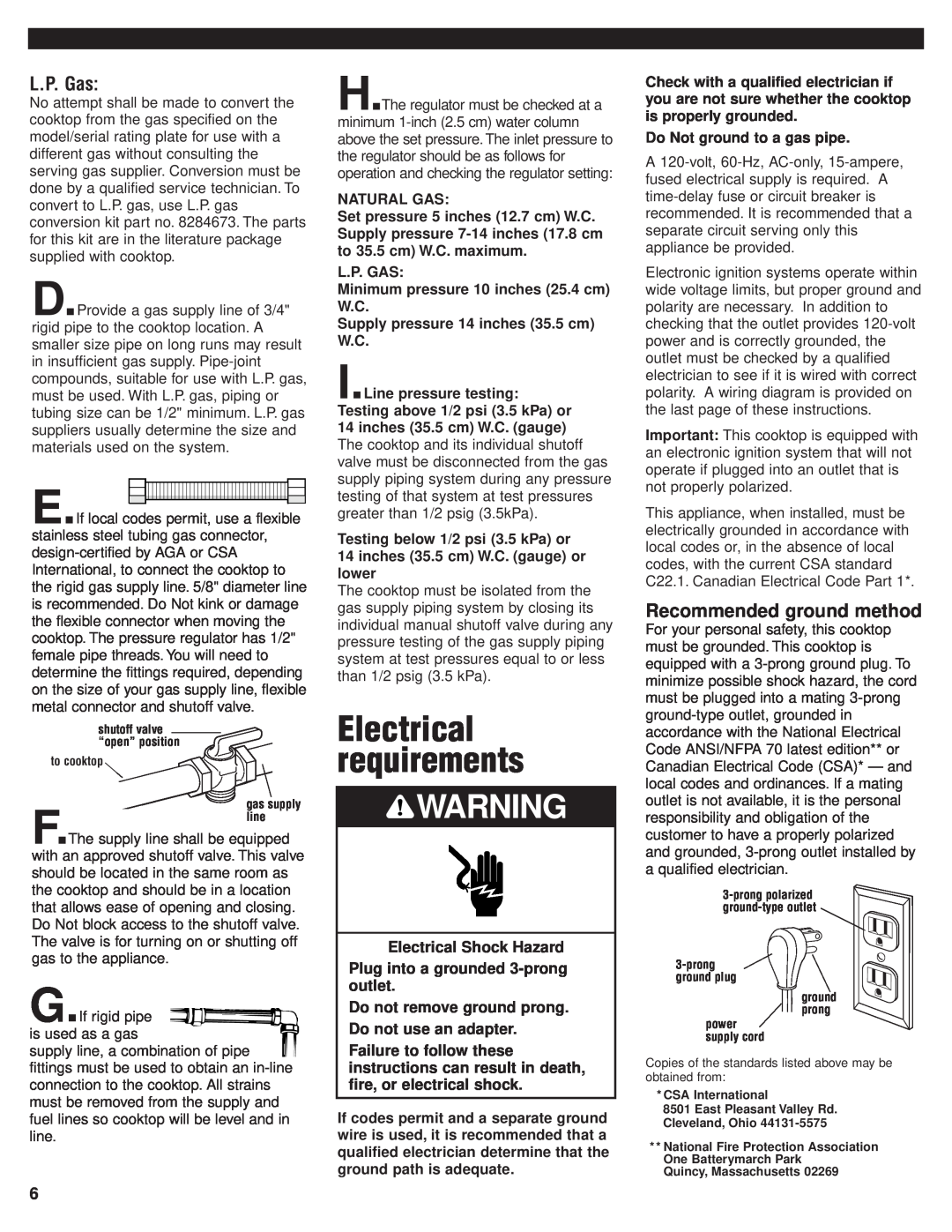 KitchenAid 8284670 installation instructions Electrical requirements, L.P. Gas, Recommended ground method 