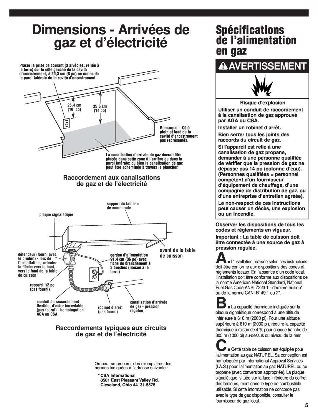 KitchenAid 8284908 Spécifications de l’alimentation en gaz, Dimensions - Arrivées de gaz et d’électricité, Avertissement 