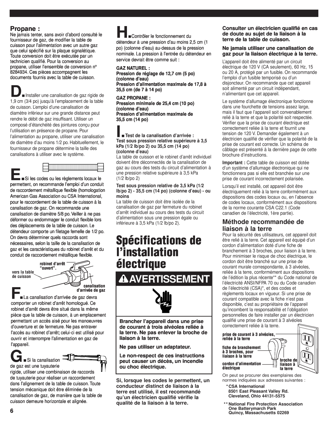 KitchenAid 8284908 installation instructions Spécifications de l’installation électrique, Avertissement, Propane 