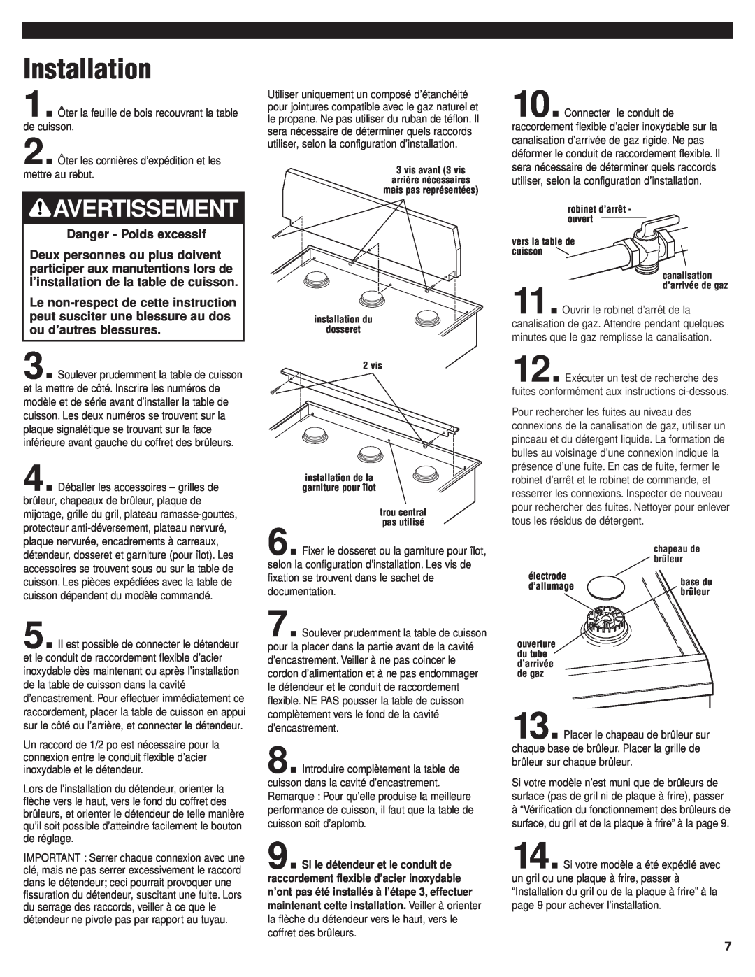 KitchenAid 8284908 installation instructions Installation, Avertissement, Danger - Poids excessif 