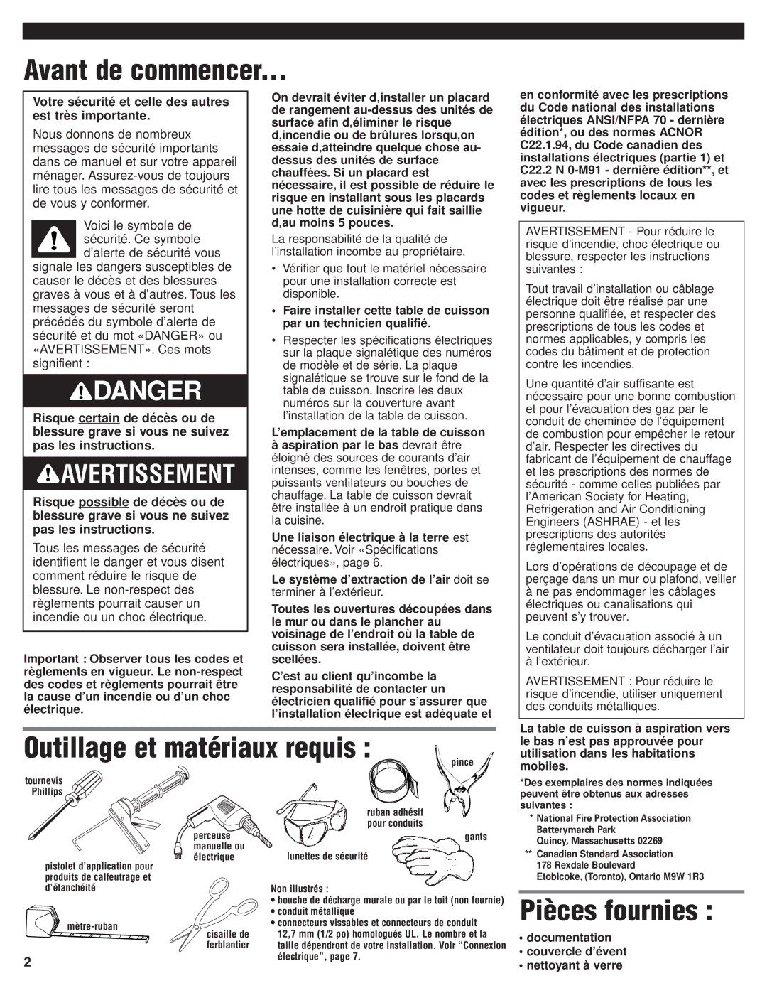 KitchenAid 8285364 installation instructions Avant de commencer, Outillage et matériaux requis, Pièces fournies 