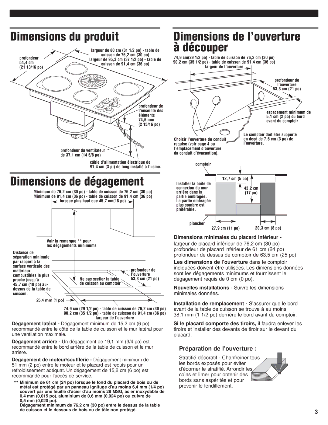 KitchenAid 8285364 Dimensions du produit, Dimensions de l’ouverture à découper, Dimensions de dégagement 