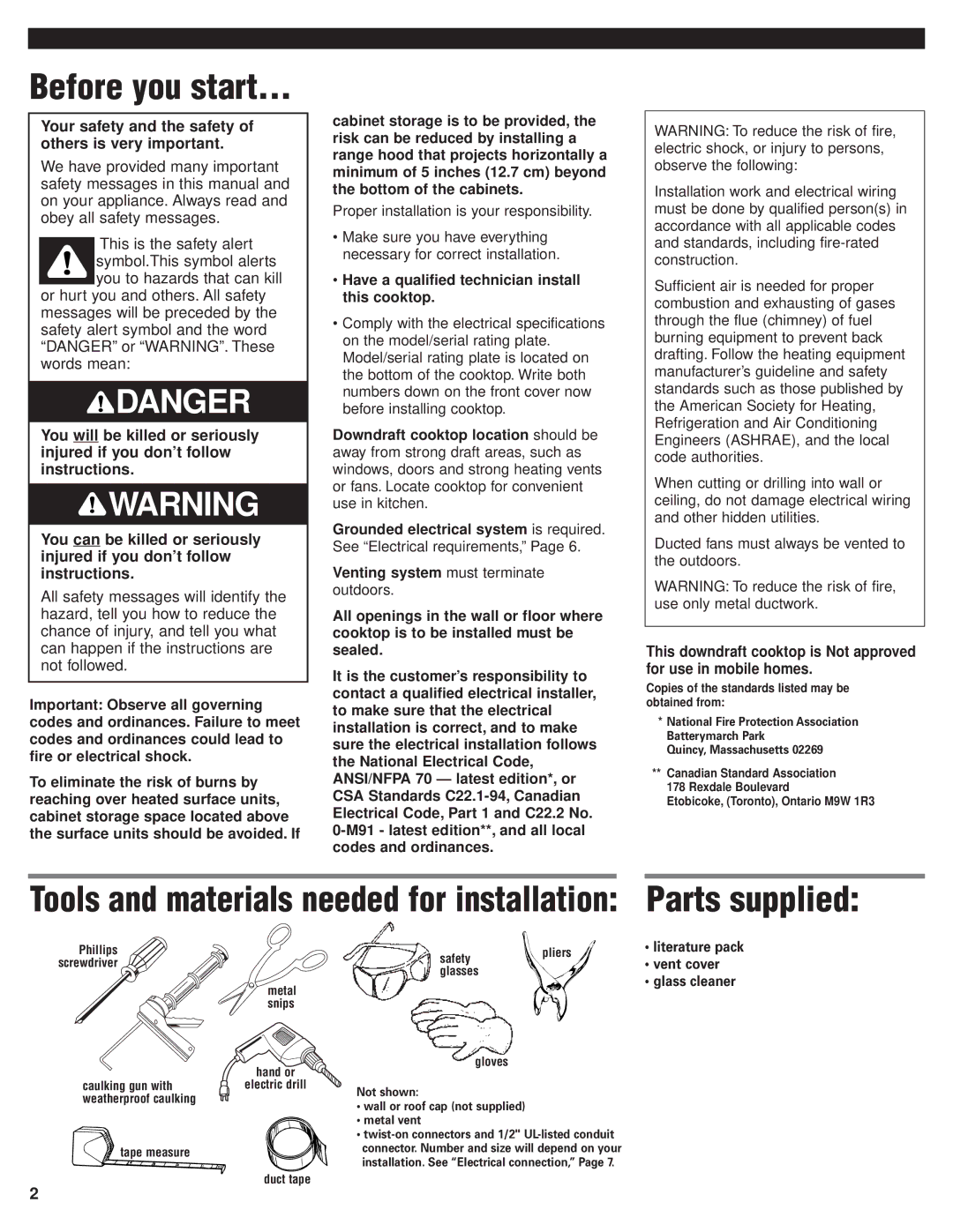 KitchenAid 8285364 Before you start, Parts supplied, Your safety and the safety of others is very important 