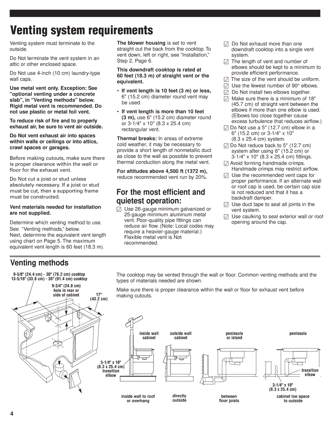 KitchenAid 8285364 Venting system requirements, For the most efficient and quietest operation, Venting methods 