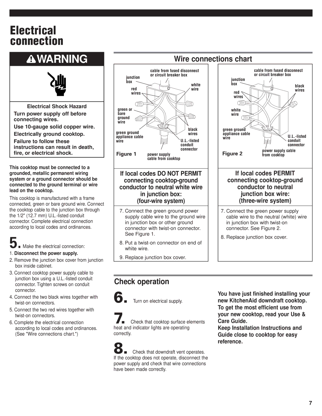 KitchenAid 8285364 installation instructions Wire connections chart, Check operation, Disconnect the power supply 