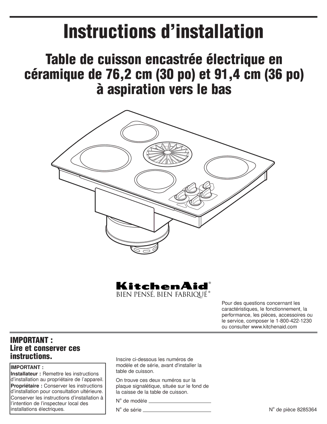 KitchenAid 8285364 installation instructions Instructions d’installation, Lire et conserver ces instructions 