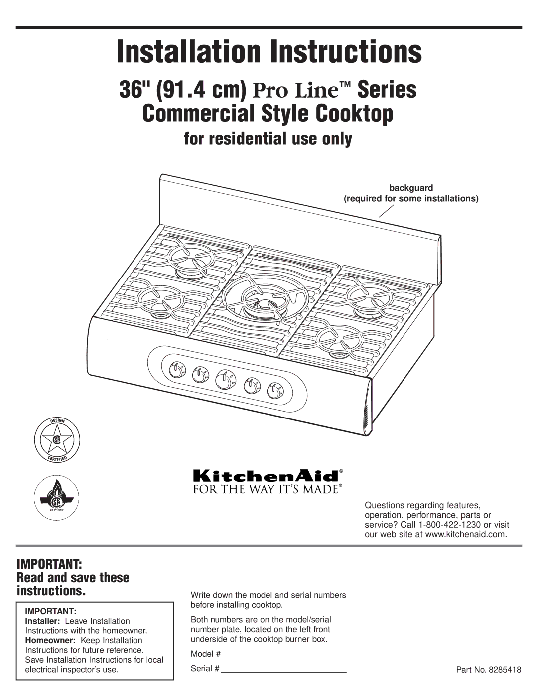 KitchenAid 8285418 installation instructions 36 91.4 cm Pro Line Series Commercial Style Cooktop 