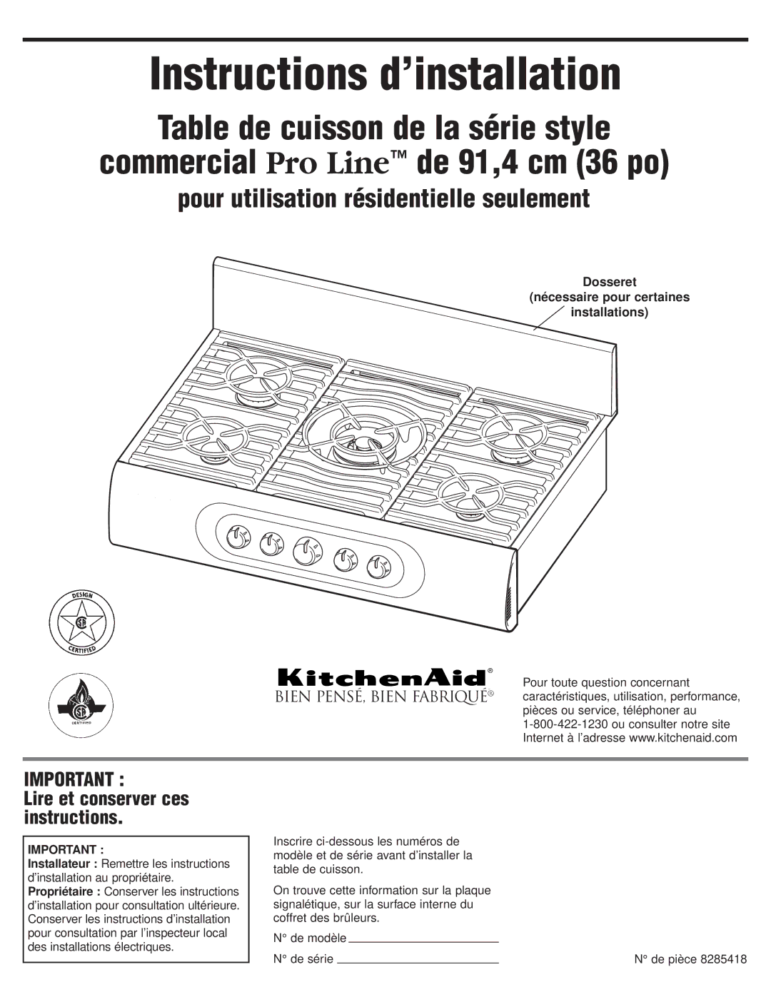 KitchenAid 8285418 installation instructions Instructions d’installation, Dosseret Nécessaire pour certaines Installations 