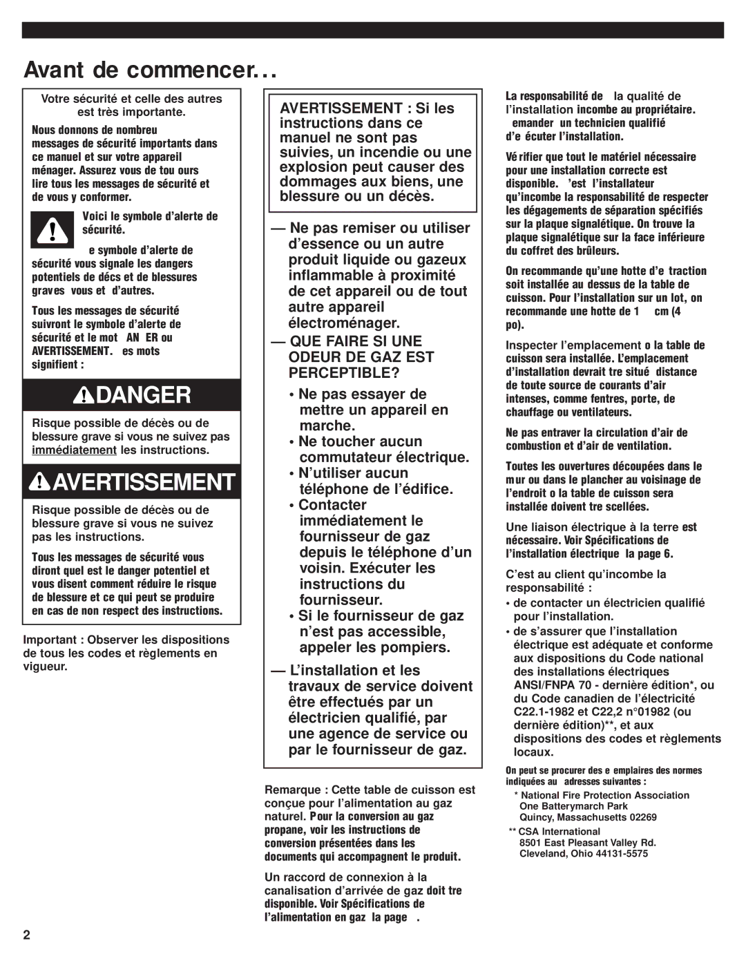 KitchenAid 8285418 installation instructions Avant de commencer, QUE Faire SI UNE Odeur DE GAZ EST PERCEPTIBLE? 