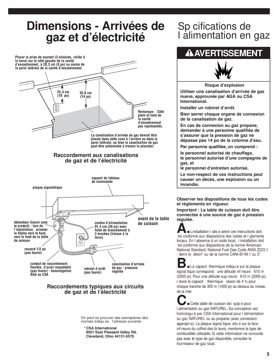 KitchenAid 8285418 Spécifications de l’alimentation en gaz, Raccordement aux canalisations de gaz et de l’électricité 