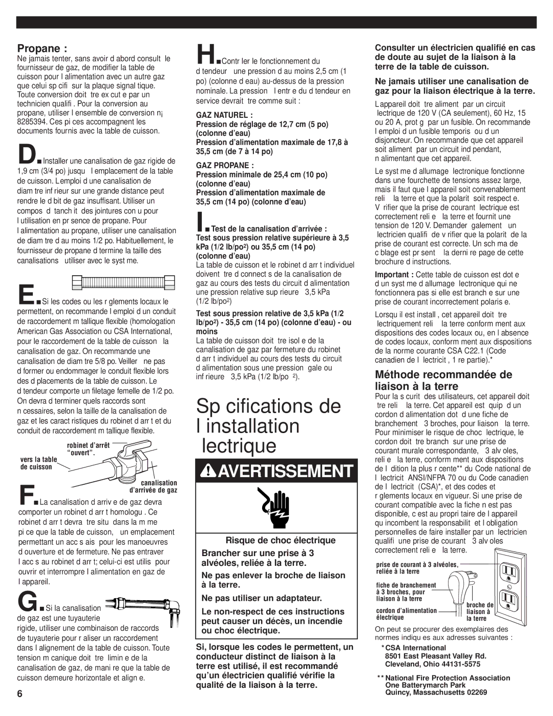 KitchenAid 8285418 Spécifications de l’installation électrique, Propane, Méthode recommandée de liaison à la terre 