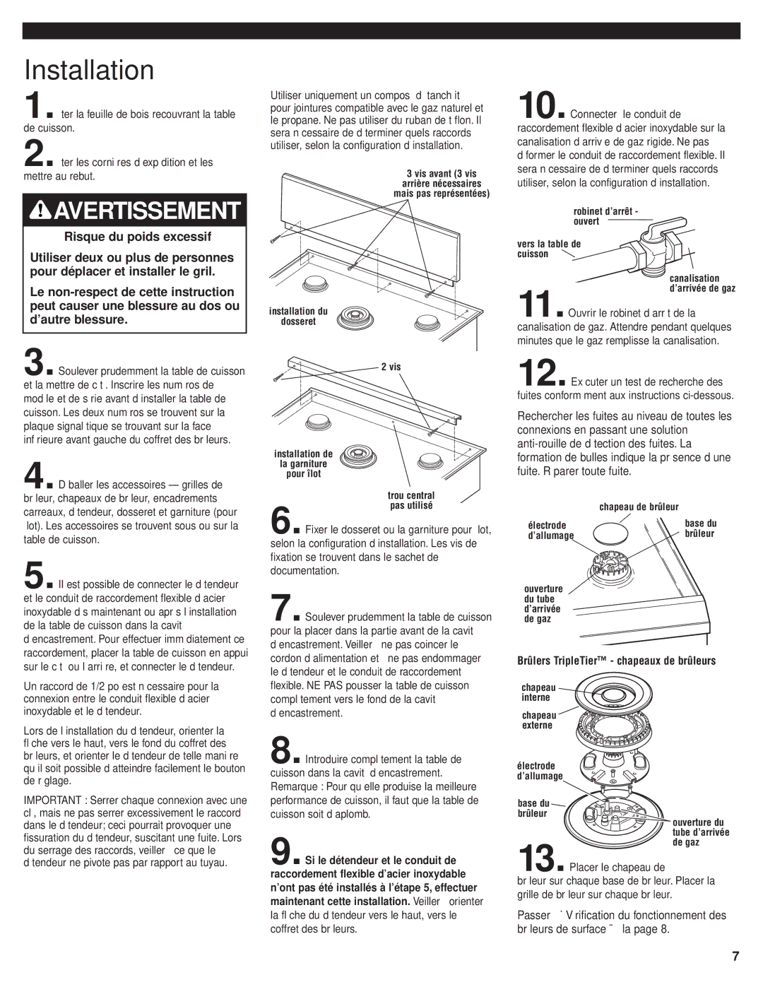 KitchenAid 8285418 installation instructions Vis avant 3 vis Arrière nécessaires, Chapeau de brûleur, Électrode, ’allumage 