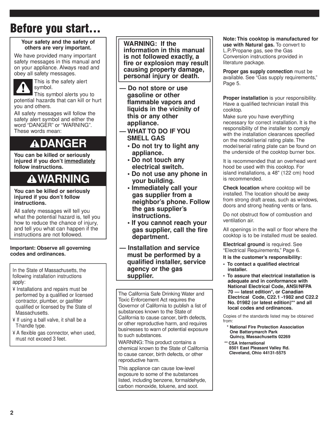 KitchenAid 8285418 Before you start, What to do if YOU Smell GAS, Your safety and the safety of others are very important 