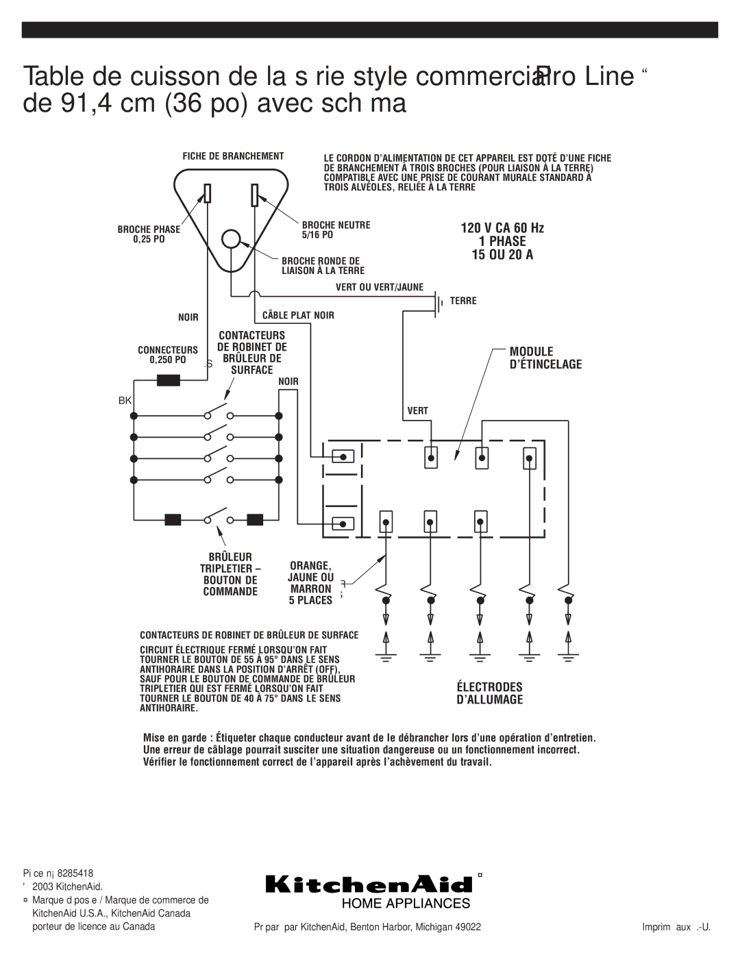 KitchenAid 8285418 installation instructions 15 OU, 250 PO 