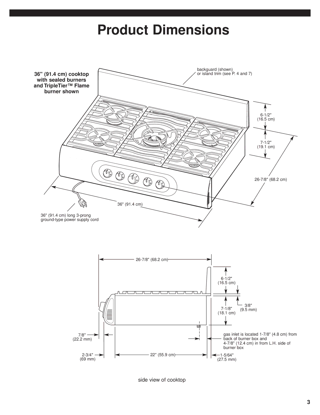 KitchenAid 8285418 installation instructions Product Dimensions, Side view of cooktop, 27.5 mm 