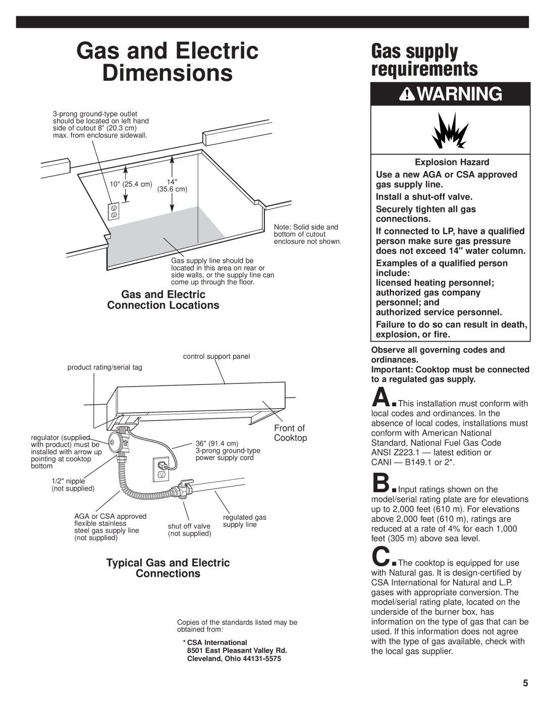 KitchenAid 8285418 Gas and Electric Dimensions, Gas supply requirements, Gas and Electric Connection Locations 