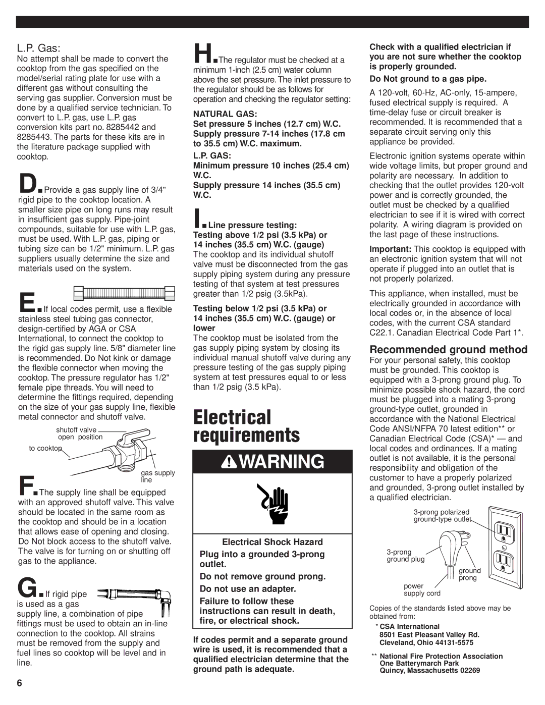 KitchenAid 8285418 Electrical requirements, Gas, Recommended ground method, To cooktop, Quincy, Massachusetts 