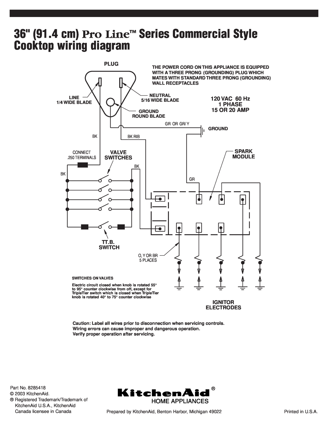 KitchenAid 8285418 36 91.4 cm Pro Line Series Commercial Style Cooktop wiring diagram, VAC 60 Hz, Phase, Valve, Spark 
