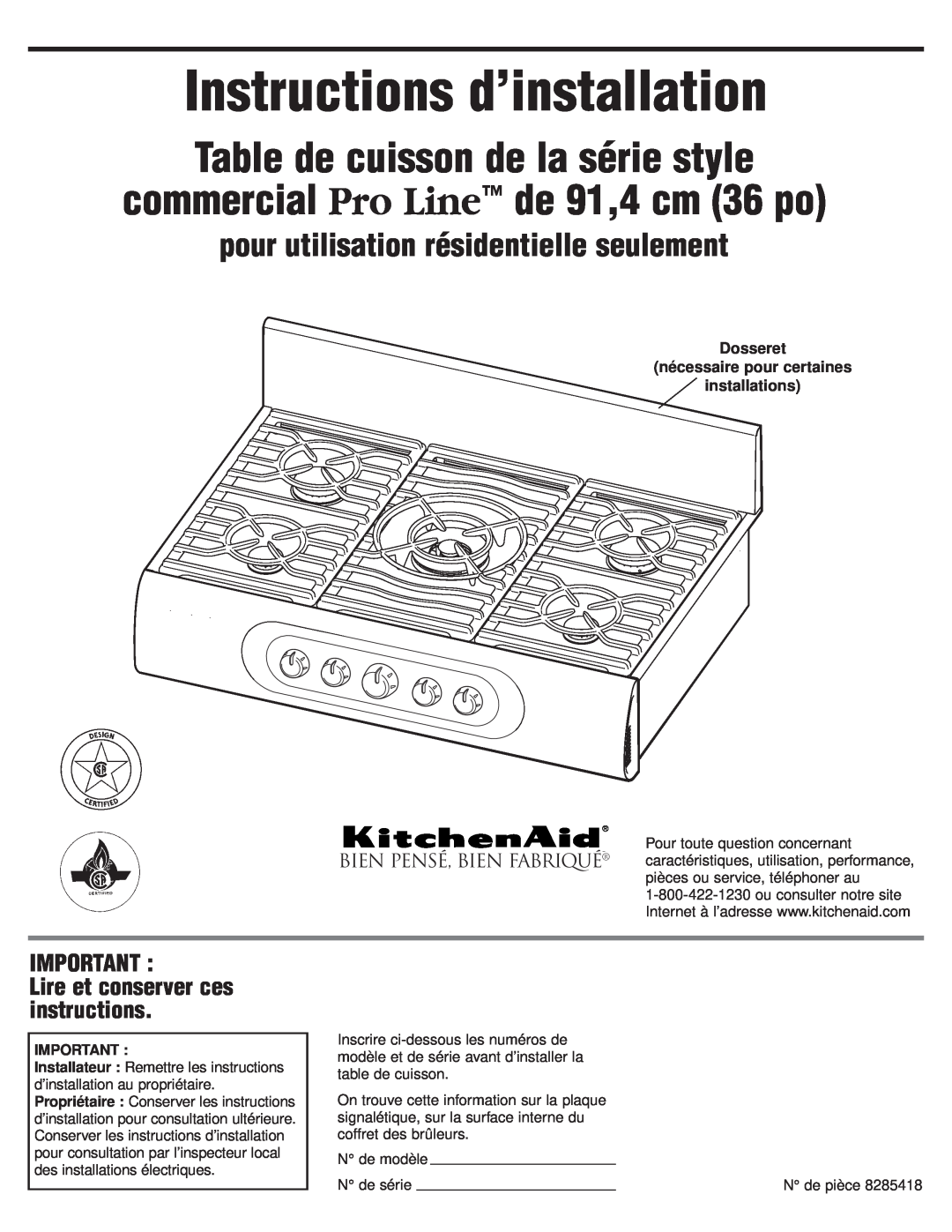 KitchenAid 8285418 Instructions d’installation, Table de cuisson de la série style, commercial Pro Line de 91,4 cm 36 po 