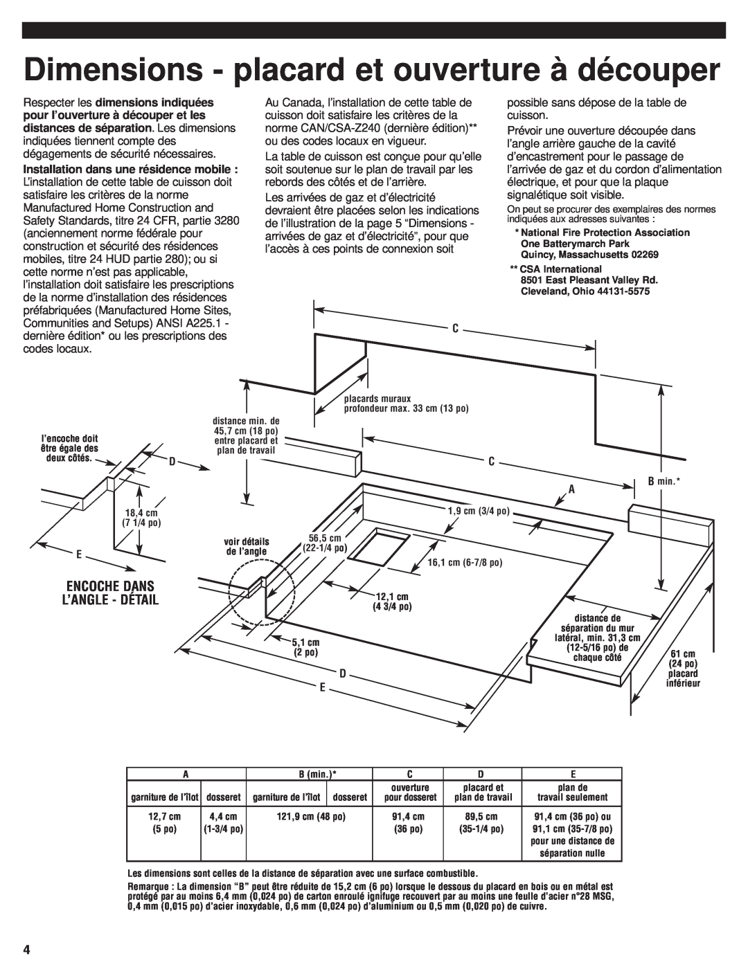 KitchenAid 8285418 installation instructions Dimensions - placard et ouverture à découper, Encoche Dans L’Angle - Détail 