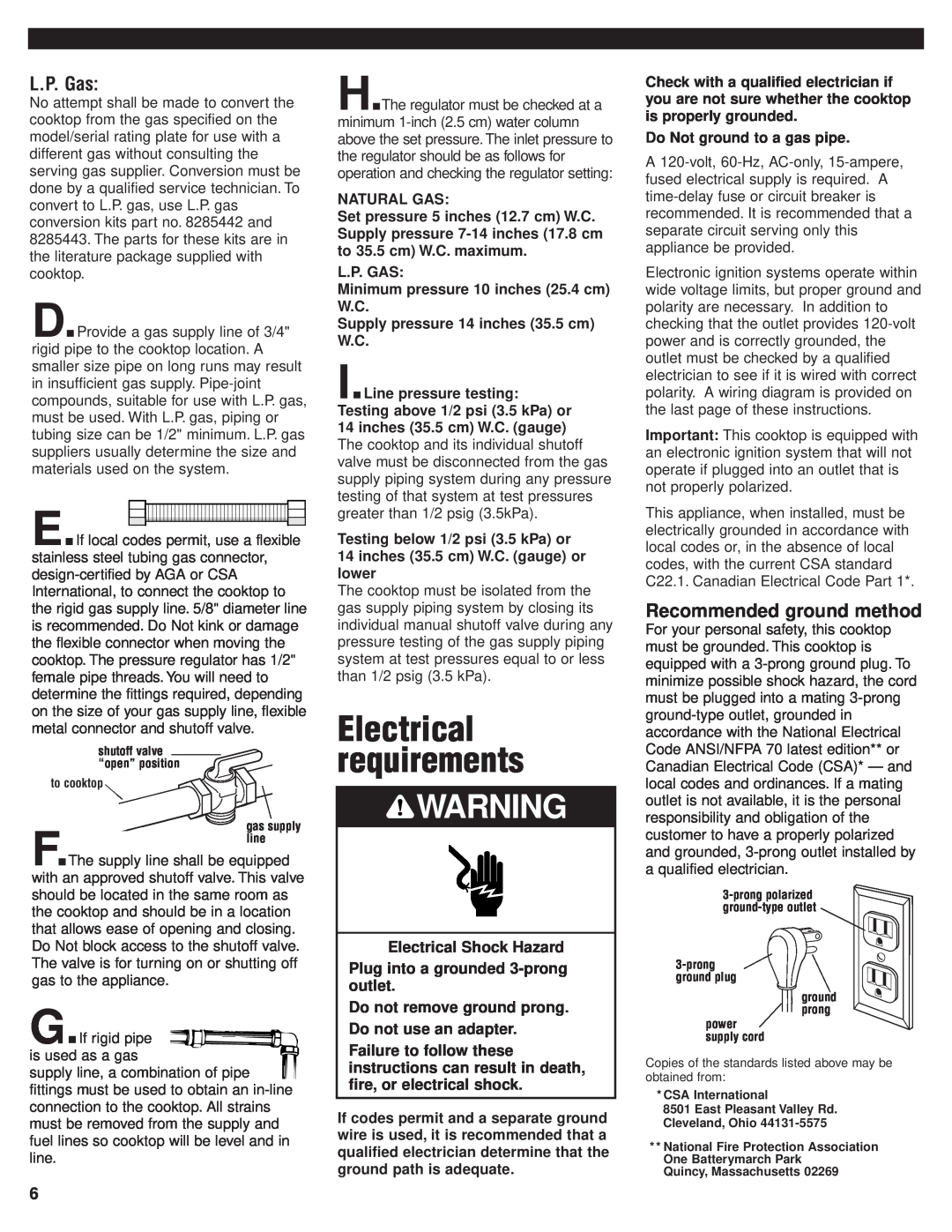 KitchenAid 8285418 installation instructions Electrical requirements, L.P. Gas, Recommended ground method 